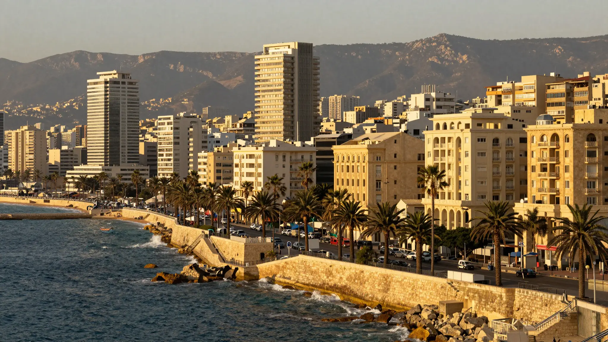 إطلالة على مدينة بيروت عاصمة لبنان والكورنيش البحري على ساحل البحر الأبيض المتوسط عند الغروب